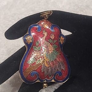 Vintage Cloisonne Pendant Peacock  Bird Floral Red Blue Gold Tone 2in.